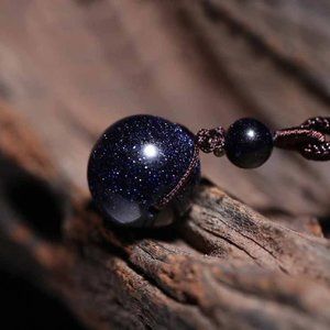 Natural 16mm Blue Goldstone Bead Pendant Necklace